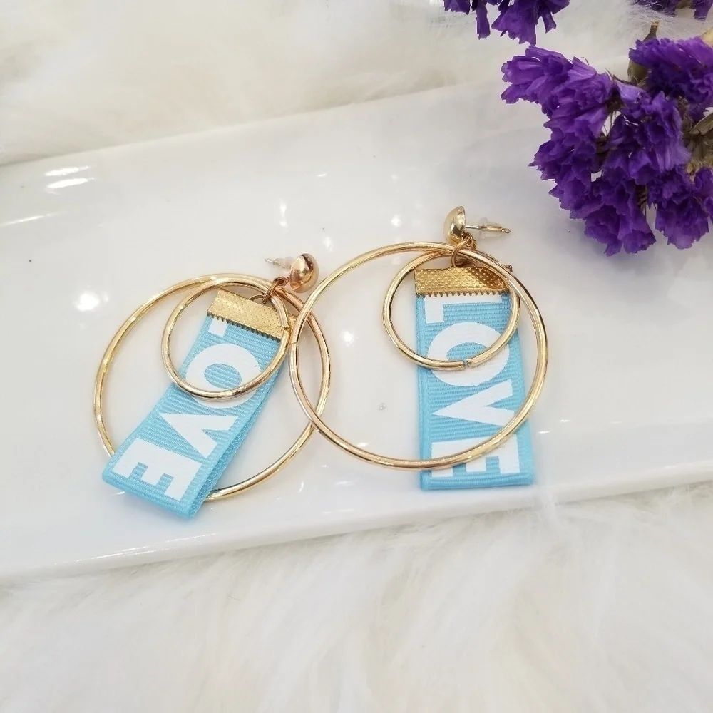 Blue LOVE ribbon earrings